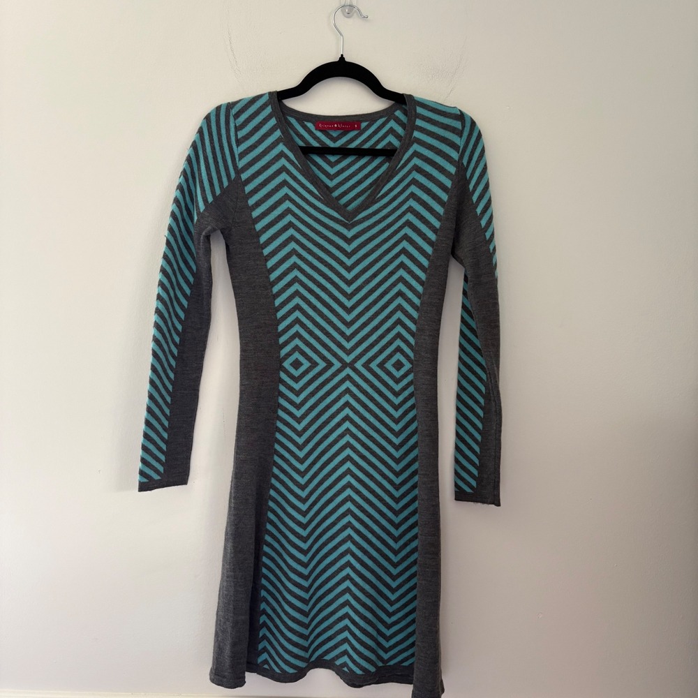 Krimson Klover‎ Womens Gray Turquoise Geometric Chevron Knit Sweater Dress Small